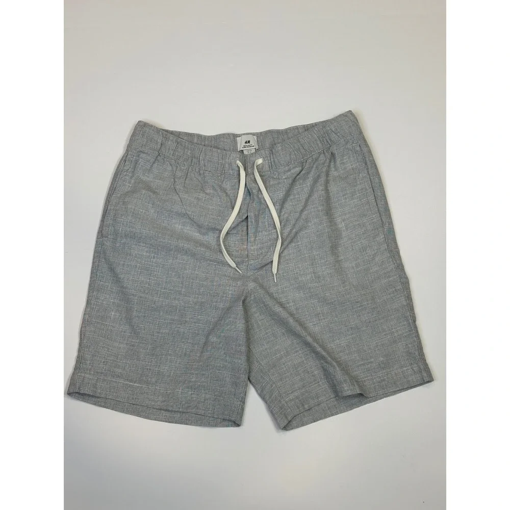 HM Mens Regular Fit Slub Cotton Linen Blend Drawstring Shorts Heather Gray M